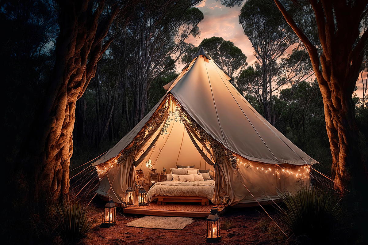 White tent set up in a dark forest with sunset behind. There are lights lit up throughout the tent.