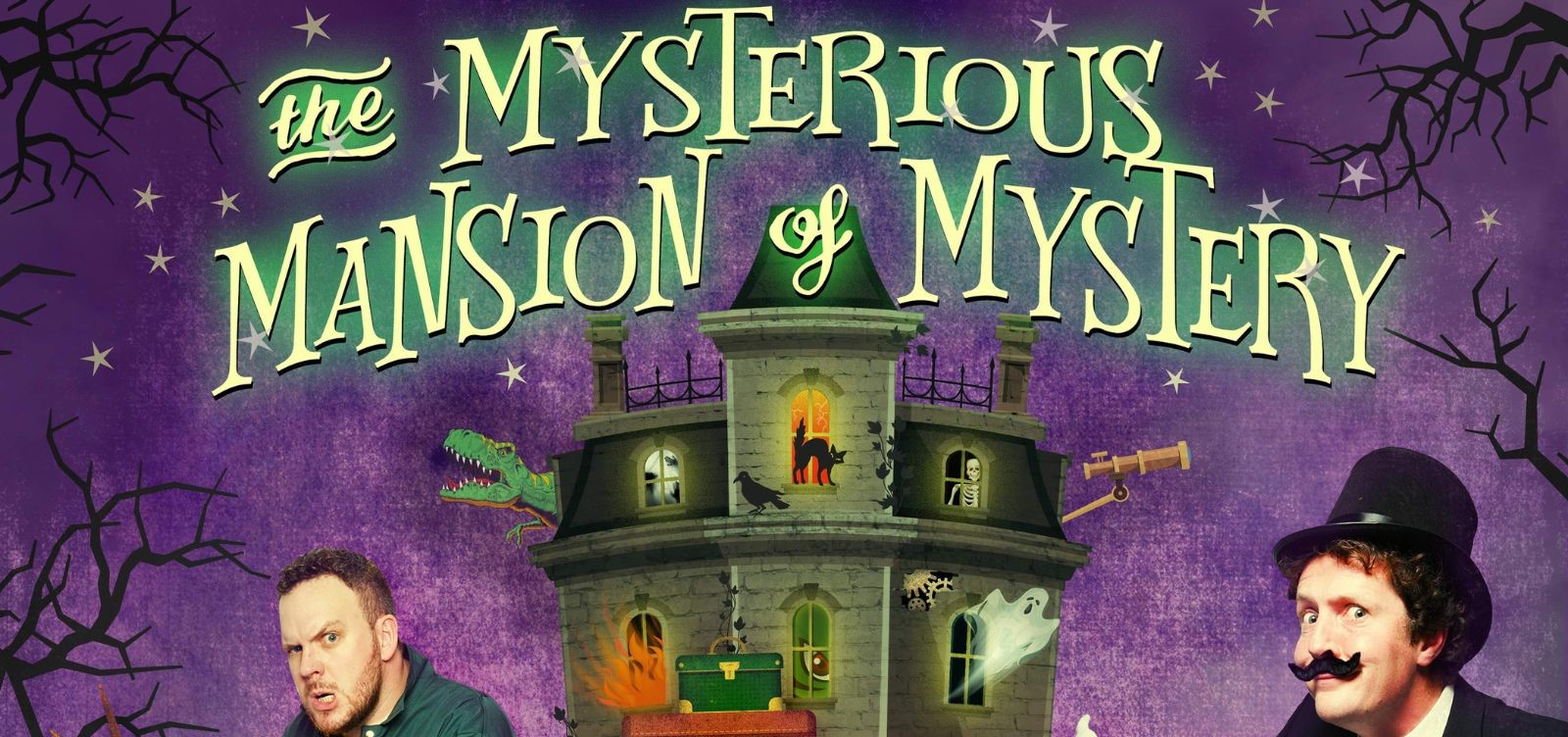 A poster with green letters and a purple background featuring a haunted mansion and three men dressed up as different characters including a cook, magician and gardener.