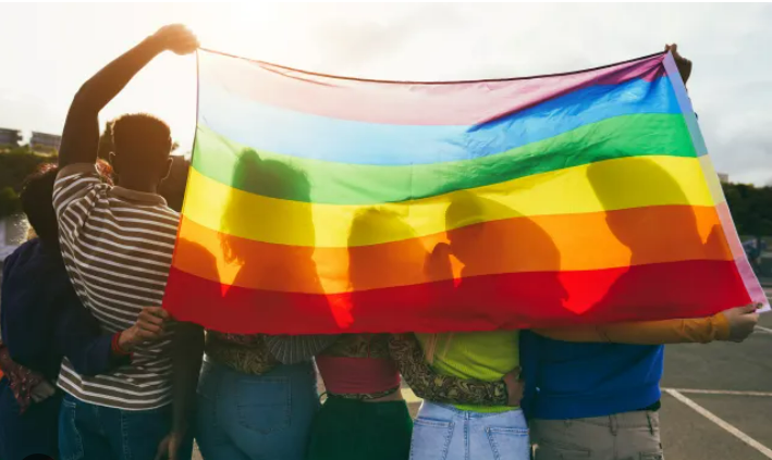 A group of people facing their backs to the camera and holding up a rainbow coloured flag.