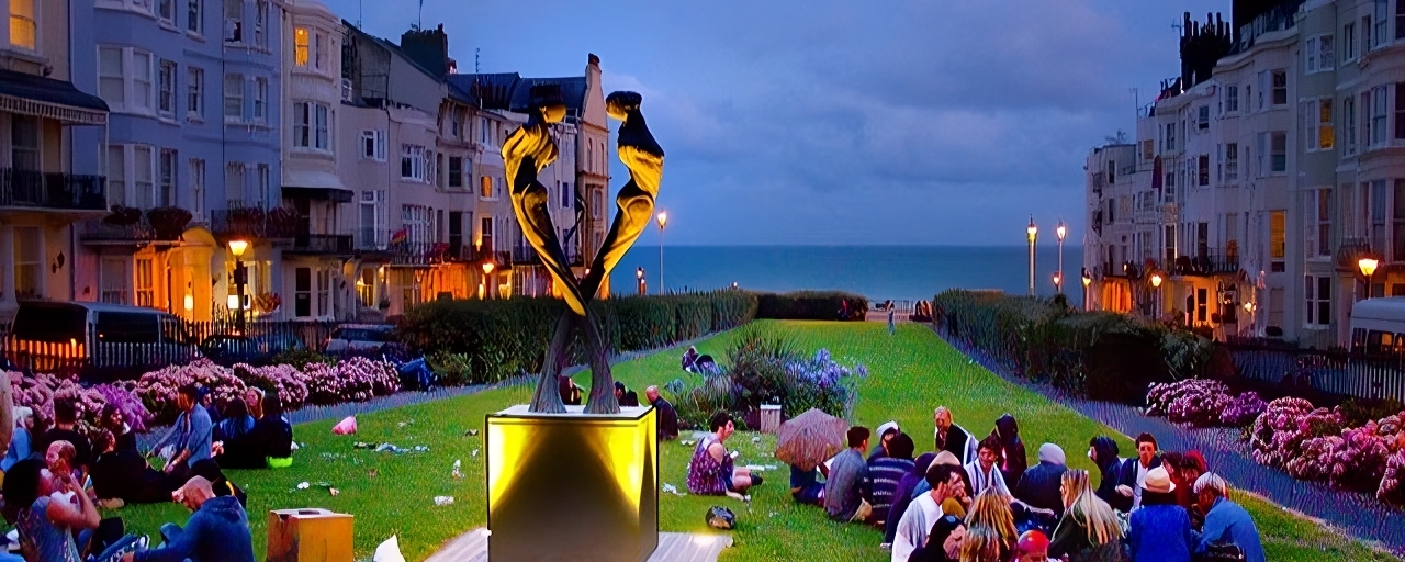 Group of people sitting on the grass with a memorial statue next to them.