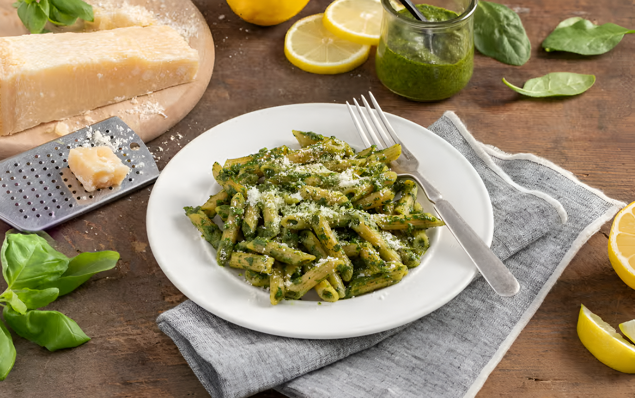 green pasta on a white place with a metal fork and basil, lemon and block of cheese around it.