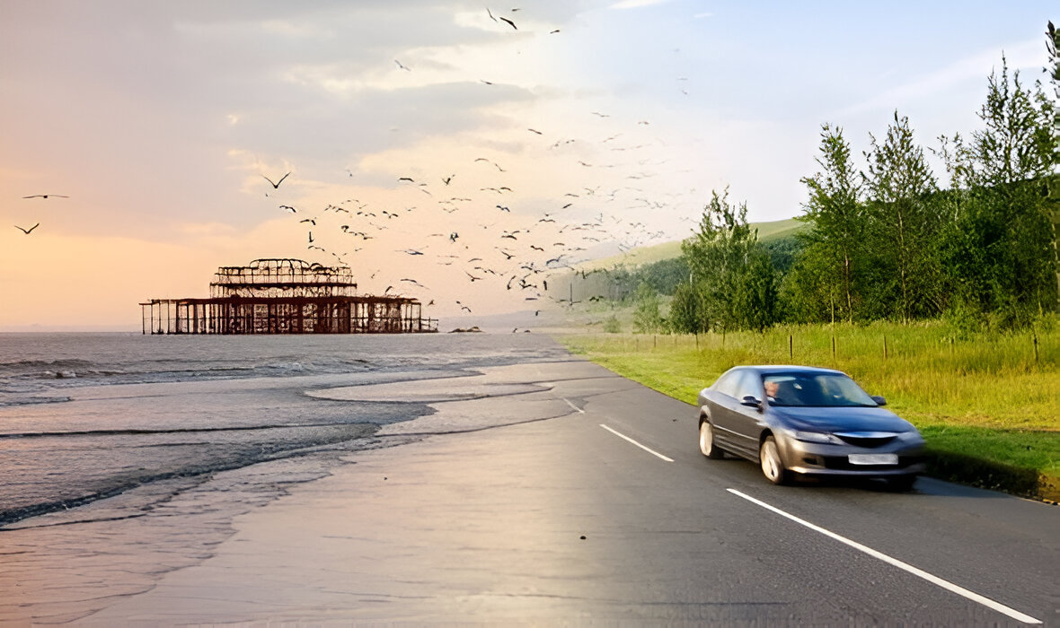 half screen with car driving on rod next to greenland and half screen on west pier on Brighton beach