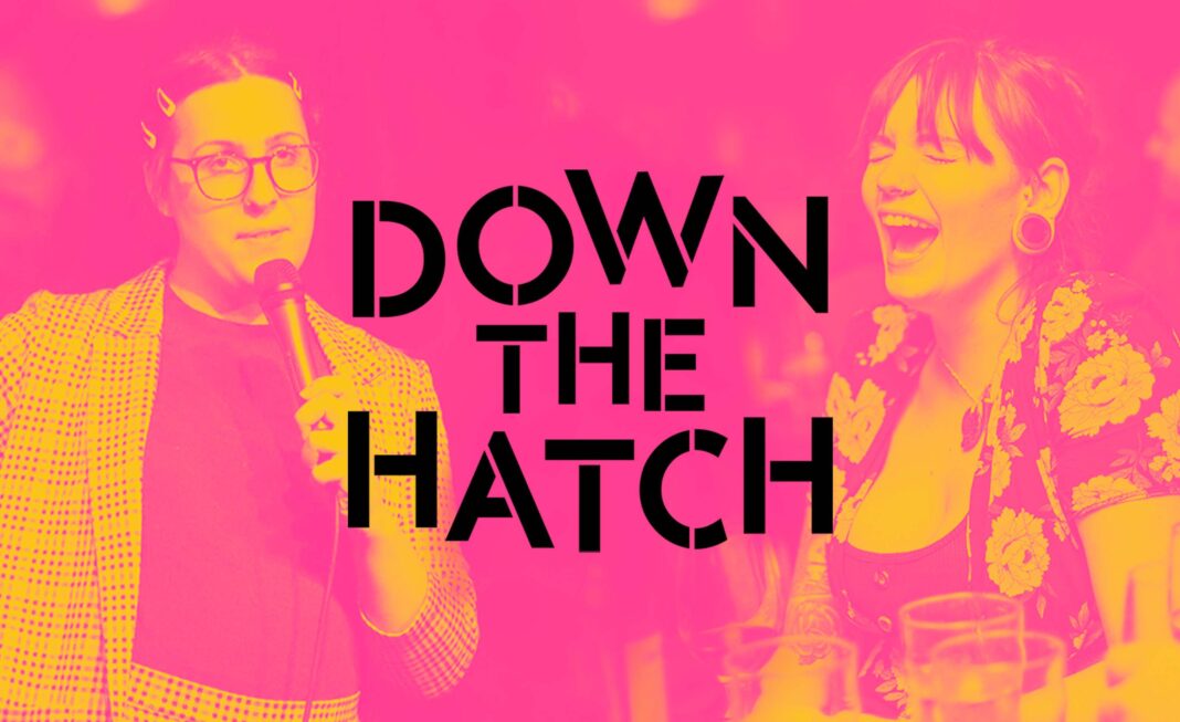 Down the Hatch poster with pink and orange elements