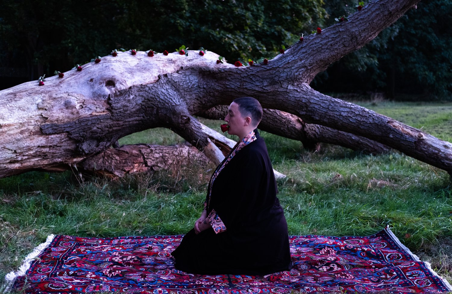 person sitting on mat on grass in front of tree